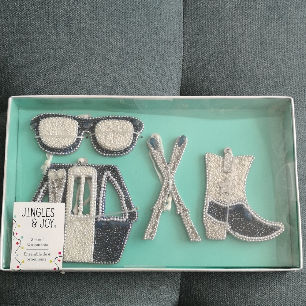 Jingles & Joy Beaded Ornament Set of Four Skiing Sunglasses Cowboy Blue & Silver